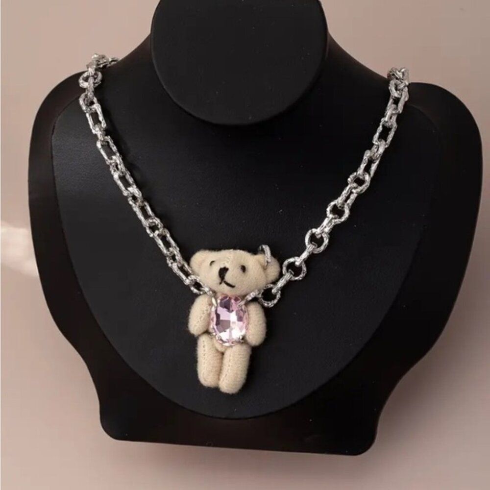 VTG Boho Pink Crystal Silver Chain Necklace with Teddy Bear Pendant